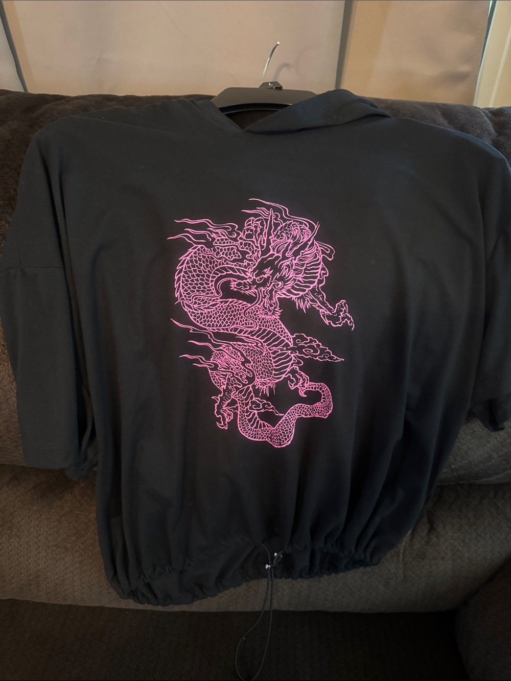 Charlotte Russe Black Hooded Tee with Pink Dragon Graphic